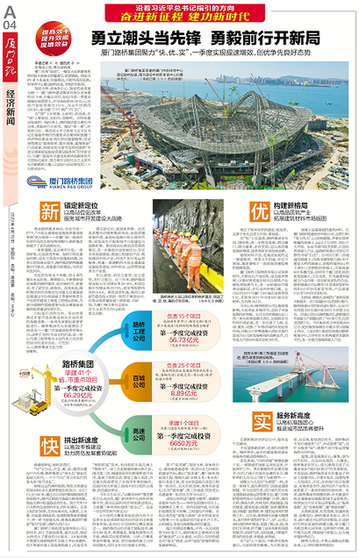 20220415【黨辦】廈門(mén)日報：勇立潮頭當先鋒  勇毅前行開(kāi)新局—— 廈門(mén)路橋集團聚力“快、優(yōu)、實(shí)”，一季度實(shí)現提速增效、創(chuàng  )優(yōu)爭先良好態(tài)勢_調整大小.png
